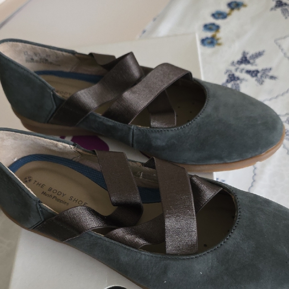 Hush Puppies Charcoal Suede Flats with Brown Elastic Cross Straps